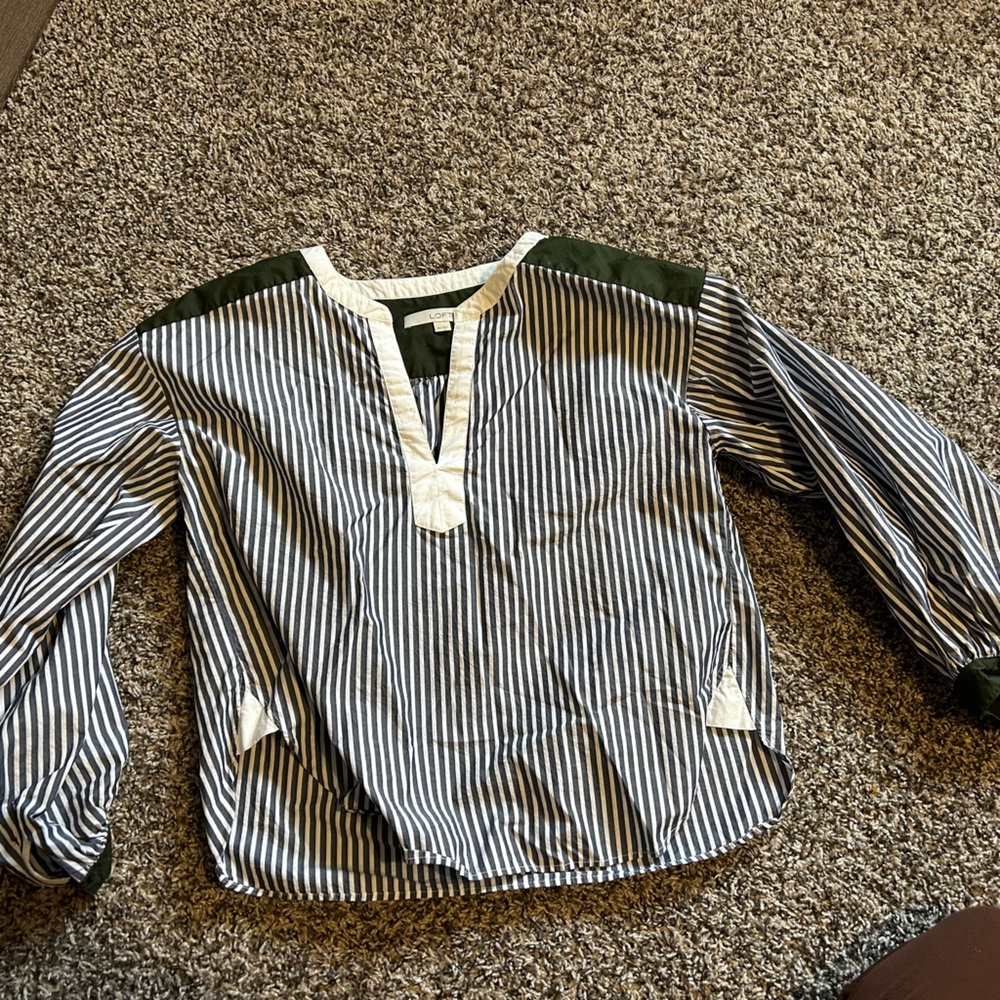 LOFT Navy and White Striped Top with Green Detail